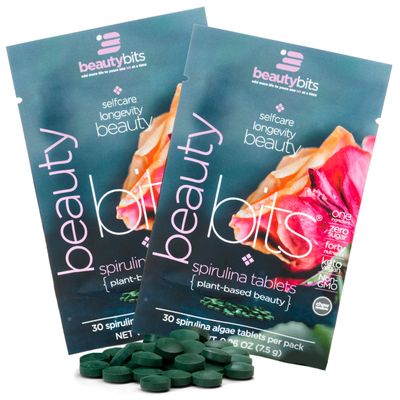 BEAUTYbits - Organic Spirulina Tablets - Algae Superfood - Collagen, Protein, Chlorophyll - Hair, Nails, Skin Care - Vegan, Keto, Gluten Free - Self Care - Skincare Beauty Gifts - 2 Bags, 60 Tablets