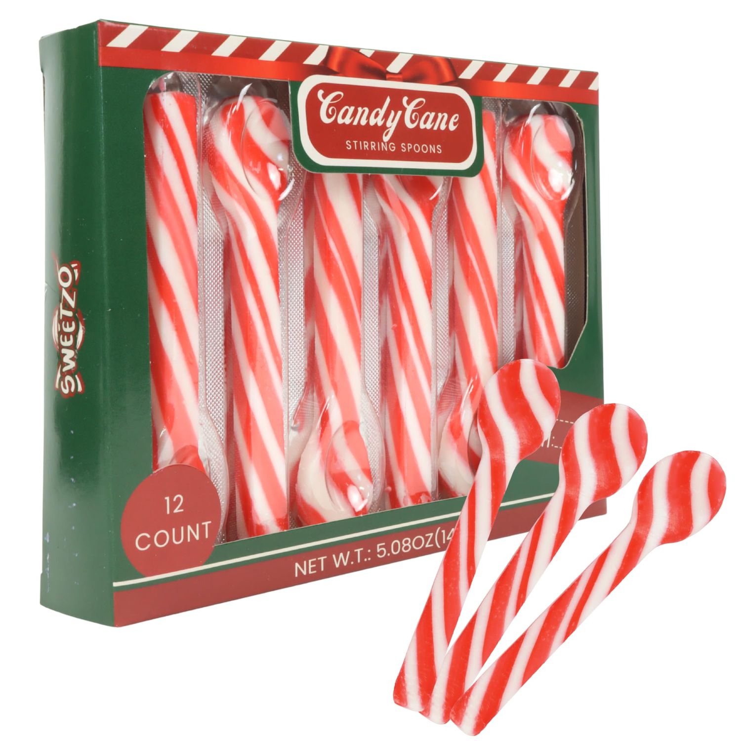 Sweetzo Christmas Candy Cane Spoons, Hot Chocolate and Coffee Peppermint Stirrers (Pack of 12)