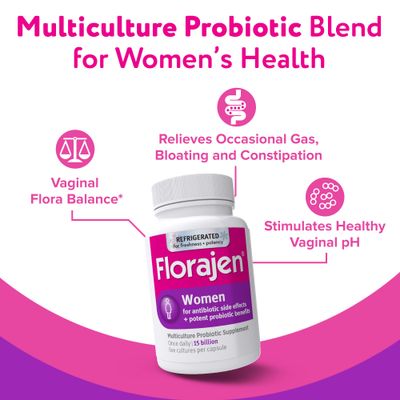 Florajen Women's Vaginal Probiotics, Provides Gut Health Constipation Relief For Adults And Bloating Relief For Women, 60 Capsules (2 Packs of 30) (Refrigerated)