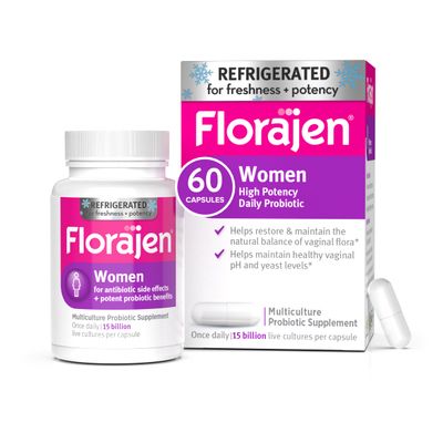 Florajen Women&#39;s Vaginal Probiotics, Provides Gut Health Constipation Relief For Adults And Bloating Relief For Women, 60 Capsules (2 Packs of 30) (Refrigerated)