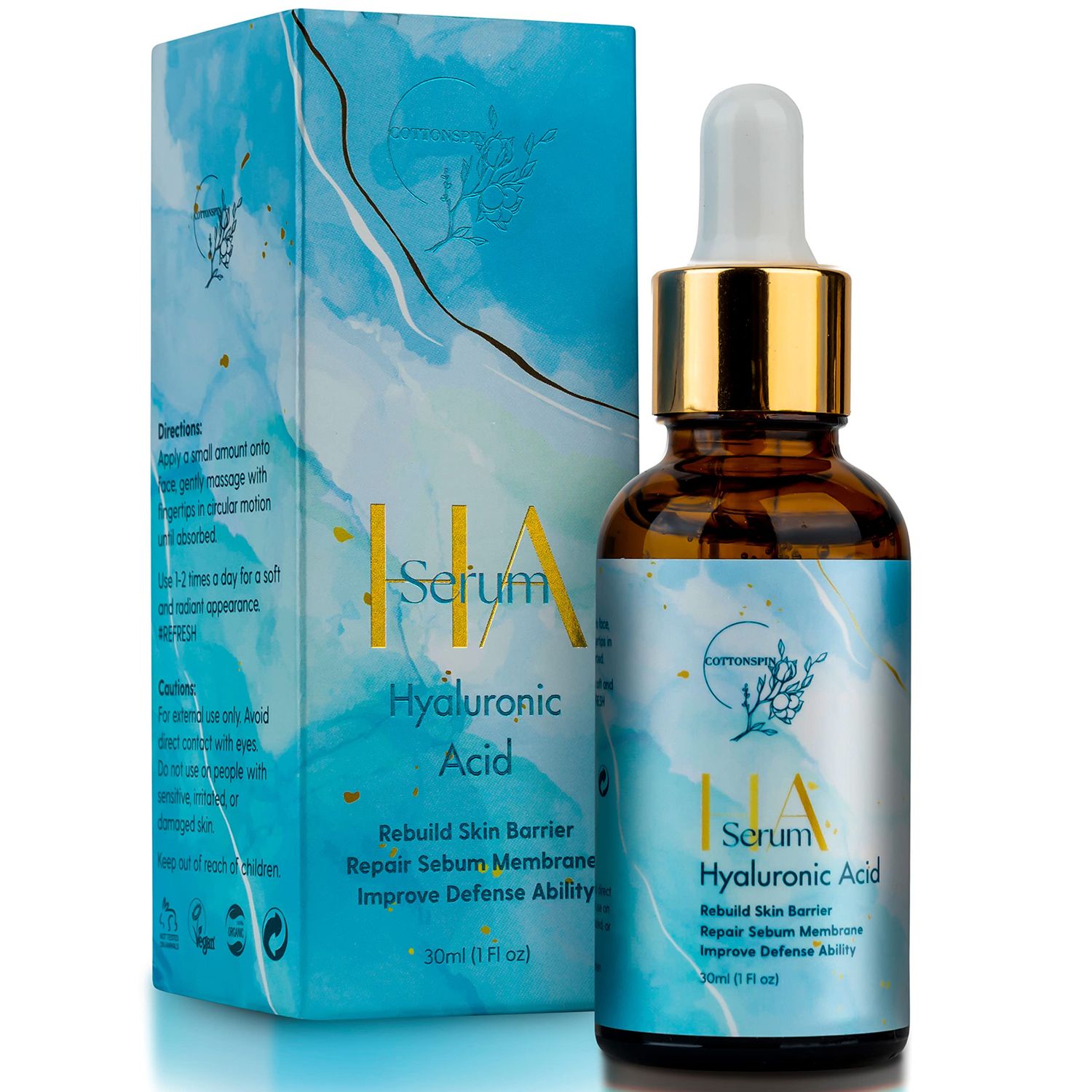 Cottonspin Hyaluronic Acid Facial Serum, Plant-Powered Anti-Aging Skin Care, Natural Moisturizer for Firming Fine Lines, Hydrating, Reduce Wrinkles Dark Spots for Brightening Face, 1 Fl oz