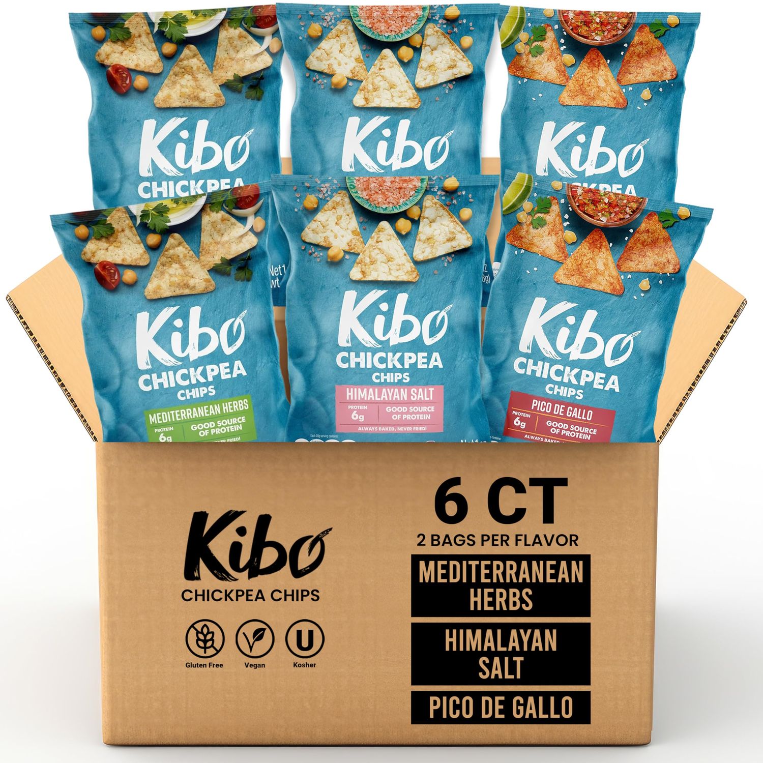 Kibo Chickpea Chips 3 Flavor Variety Pack - High Protein-Fiber, Plant-Based, Gluten-Free, Non-GMO, Vegan, Made with Real Veggies - 1oz, 6 Pack
