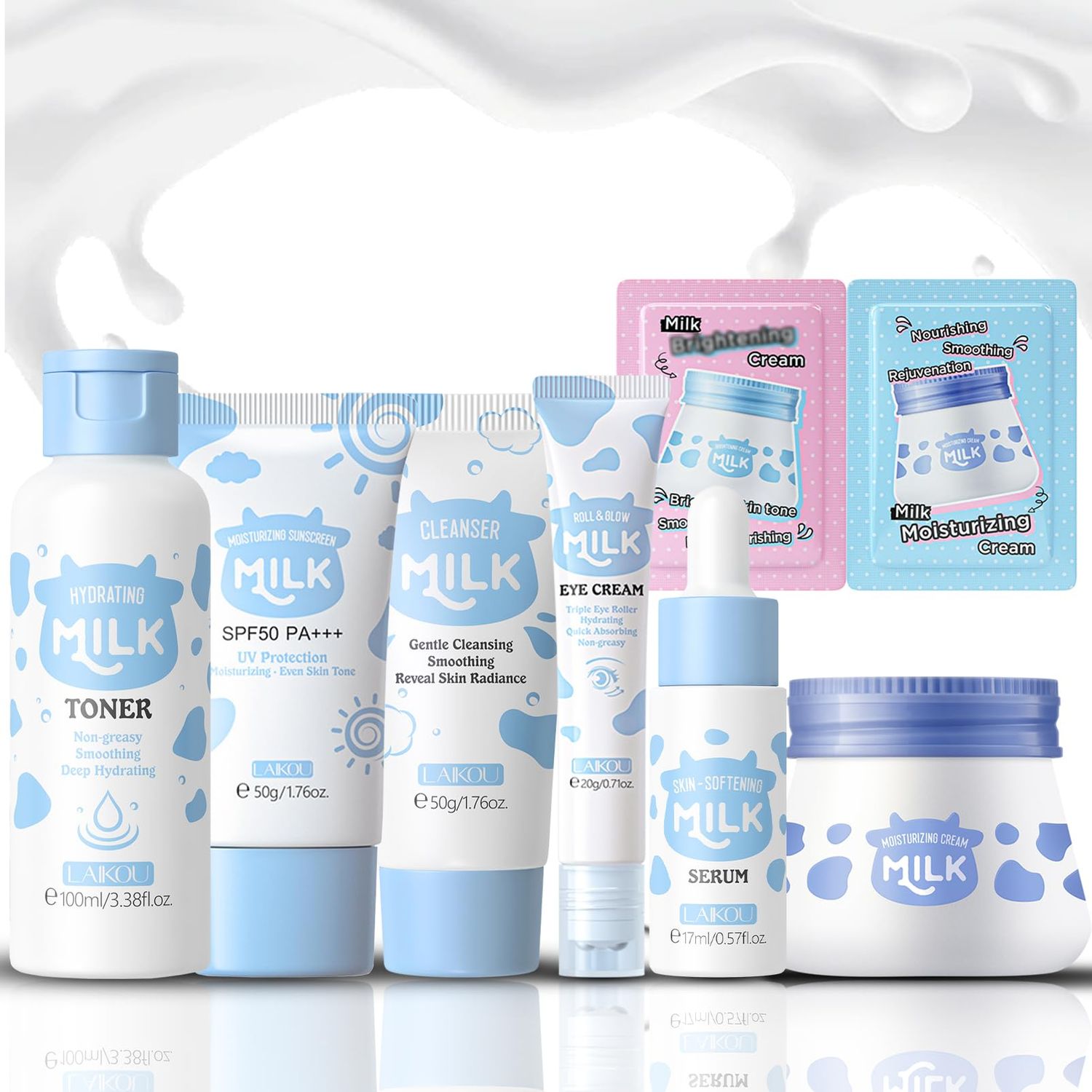 Milk Skincare Kit, Skin Care Kit Hydrating Skin, Facial Skin Care Routine Kit for WomenGirls, Face Skin Care Set Improves Rough Skin Shrinks Pores Travel Size Facial Kit Gift Set for Women 8-Pack