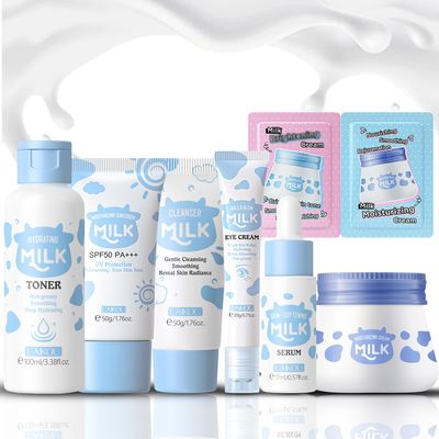 Milk Skincare Kit, Skin Care Kit Hydrating Skin, Facial Skin Care Routine Kit for WomenGirls, Face Skin Care Set Improves Rough Skin Shrinks Pores Travel Size Facial Kit Gift Set for Women 8-Pack