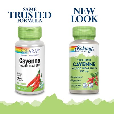SOLARAY Cayenne Pepper 450 mg 100,000 Heat Unit Healthy Digestion, Circulation, Metabolism Cardiovascular Support Non-GMO 100 VegCaps