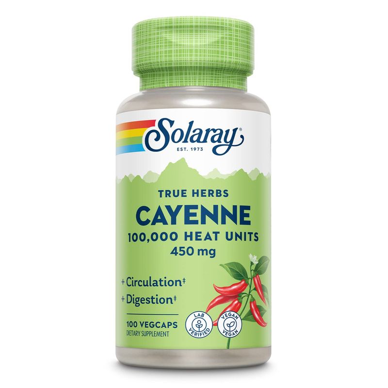 SOLARAY Cayenne Pepper 450 mg 100,000 Heat Unit Healthy Digestion, Circulation, Metabolism Cardiovascular Support Non-GMO 100 VegCaps