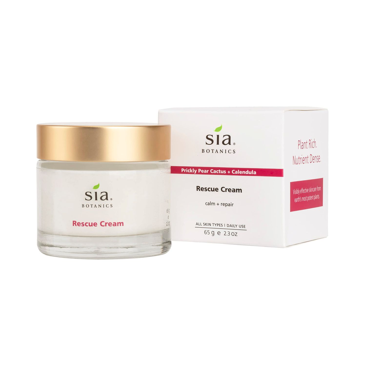 Sia Botanics Rescue Face Cream (65g2.3oz Glass Jar) Facial Moisturizer wPrickly Pear Cactus, Aloe Vera, Green Tea Extract Natural, Clean, Botanical Skincare for Women