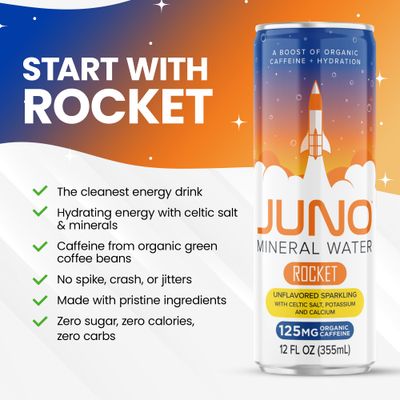 JUNO Rocket Unflavored Sparkling Energy Drink - 125mg Organic Caffeine from Green Coffee Beans with Celtic Salt, Potassium Calcium for Hydration Energy - 12 Pack Refreshment