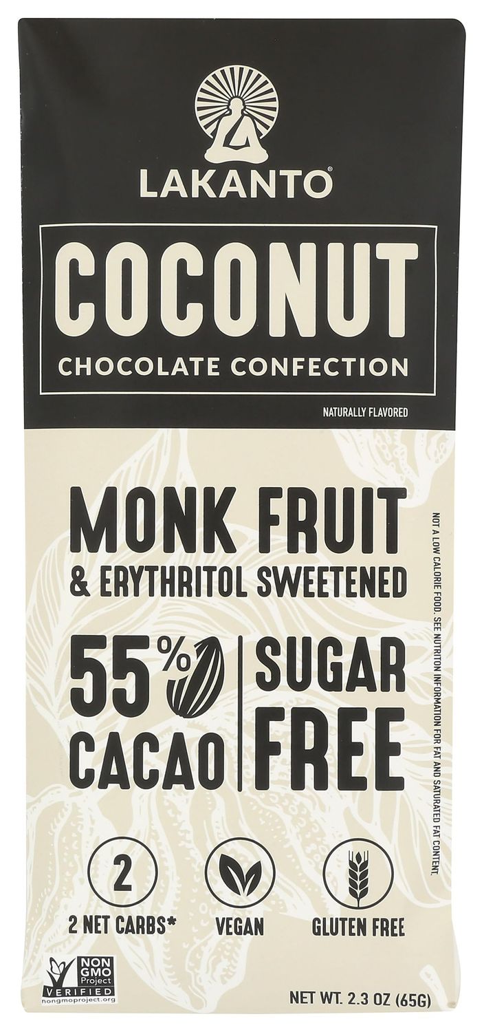 Lakanto Coconut Chocolate Confection Bar, 55 Cocoa, Sugar Free, Gluten Free, 2.3 Ounces (Pack Of 12)