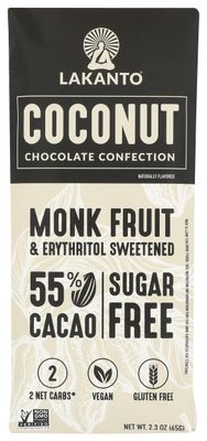 Lakanto Coconut Chocolate Confection Bar, 55 Cocoa, Sugar Free, Gluten Free, 2.3 Ounces (Pack Of 12)