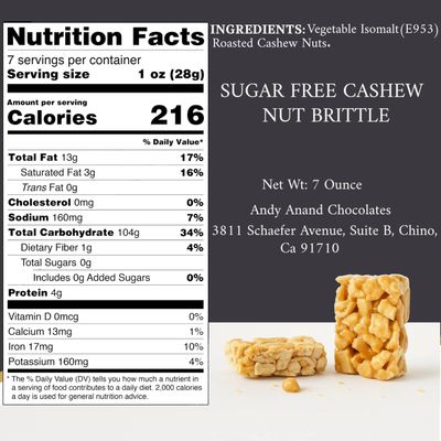 Andy Anand Sugar Free Cashew Brittle (7oz) Old-Fashioned Recipe, Handmade, Diabetic-Friendly Amazingly Delicious, You Won't Believe It's Sugar-Free!