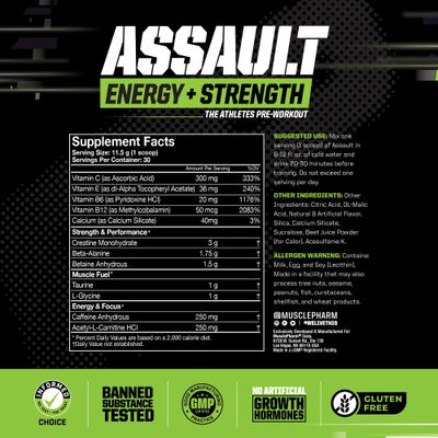 Muscle Pharm Assault Energy Strength Pre Workout Powder for Men Women with Beta Alanine, Caffeine, Creatine Betaine Anhydrous, Pre-Workout Supplements, 30 Servings, Hwachae Melon Flavor