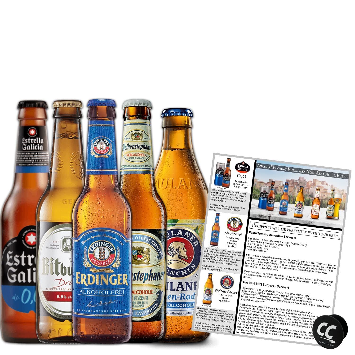 Non-Alcoholic European Beer Variety 5 Pack, Award Winning Beers from Munich, Erding, Barcelona and Bitburg w PhoneTablet Holder Recipes
