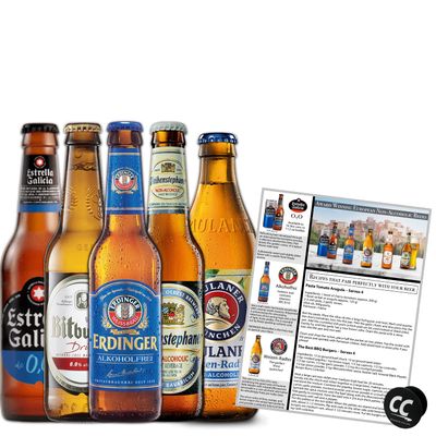 Non-Alcoholic European Beer Variety 5 Pack, Award Winning Beers from Munich, Erding, Barcelona and Bitburg w PhoneTablet Holder Recipes