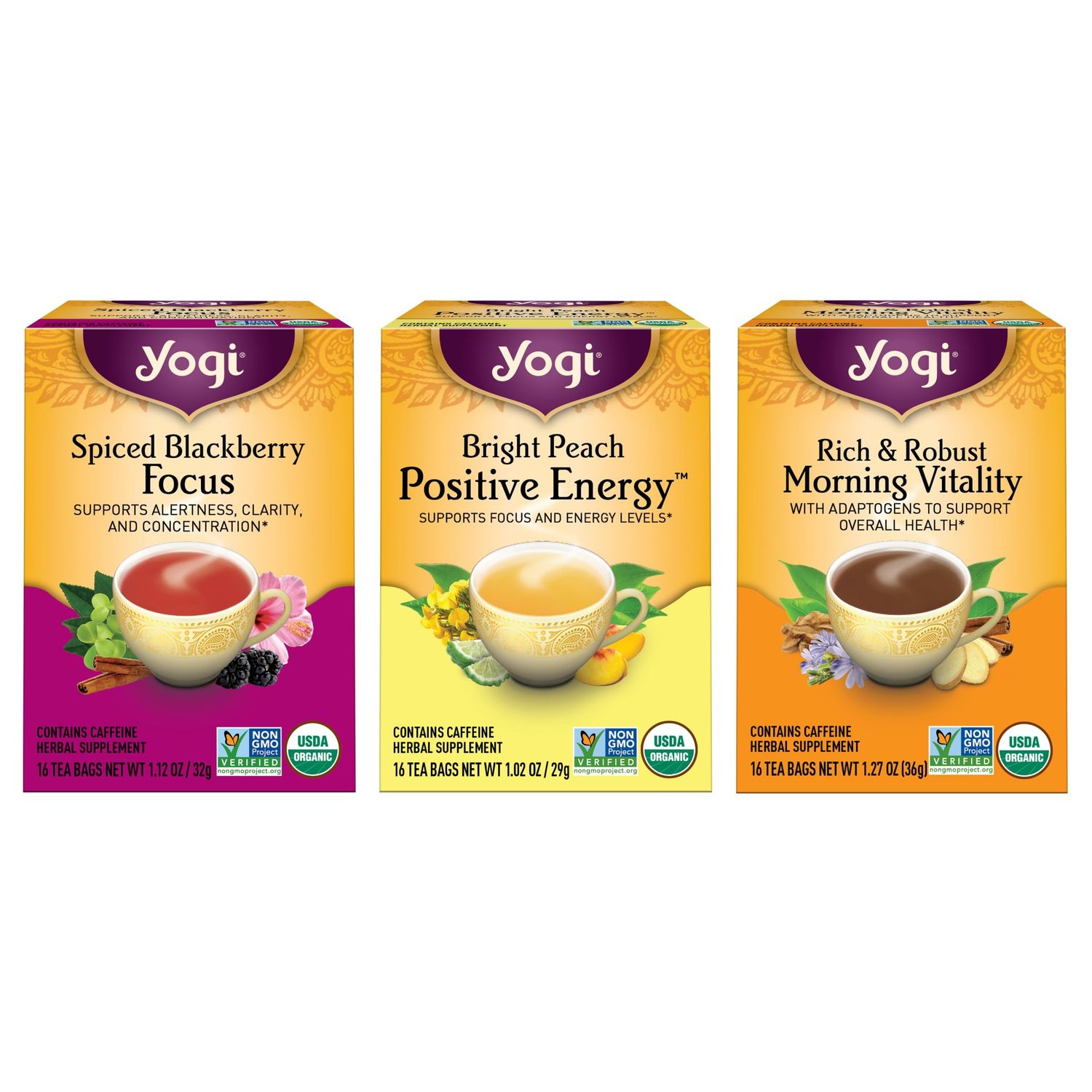 Yogi Tea - Morning Energy Variety Pack (3 Pack) Includes Peach Bergamot Bright Day, Rich and Robust Morning Vitality, Spiced Blackberry Focus - 48 Organic Tea Bags
