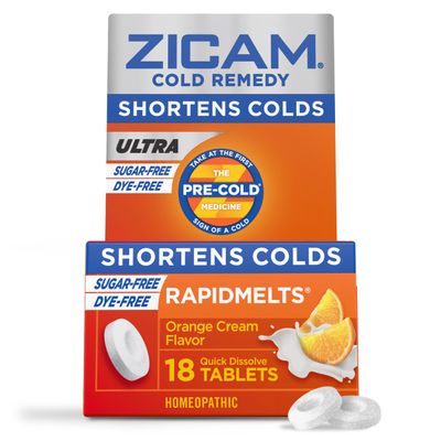 Zicam Ultra Cold Remedy Zinc Rapidmelts, Orange Cream Flavor, Homeopathic, Cold Shortening Medicine, Shortens Cold Duration, Sugar-Free, Dye-Free, 18 Count
