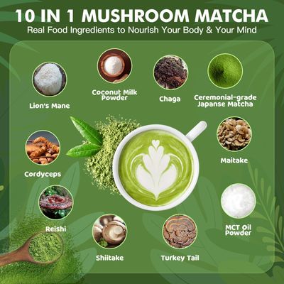 JUYIHEAL Mushroom Matcha Japanese Ceremonial Matcha Infused with 7 Superfood Mushrooms, MCT Oil, Coconut Milk Powder Energy, Focus, Digestion, Immunity 75g (15 Servings)