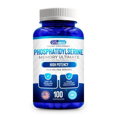 We Like Vitamins Phosphatidylserine Supplement with Gingko Biloba, Gotu Kola, DMAE - Improves Focus, Memory, Cognitive Function - Soy-Free 1000mg Memory Ultimate Complex - 100 Easy-to-Swallow Capsules