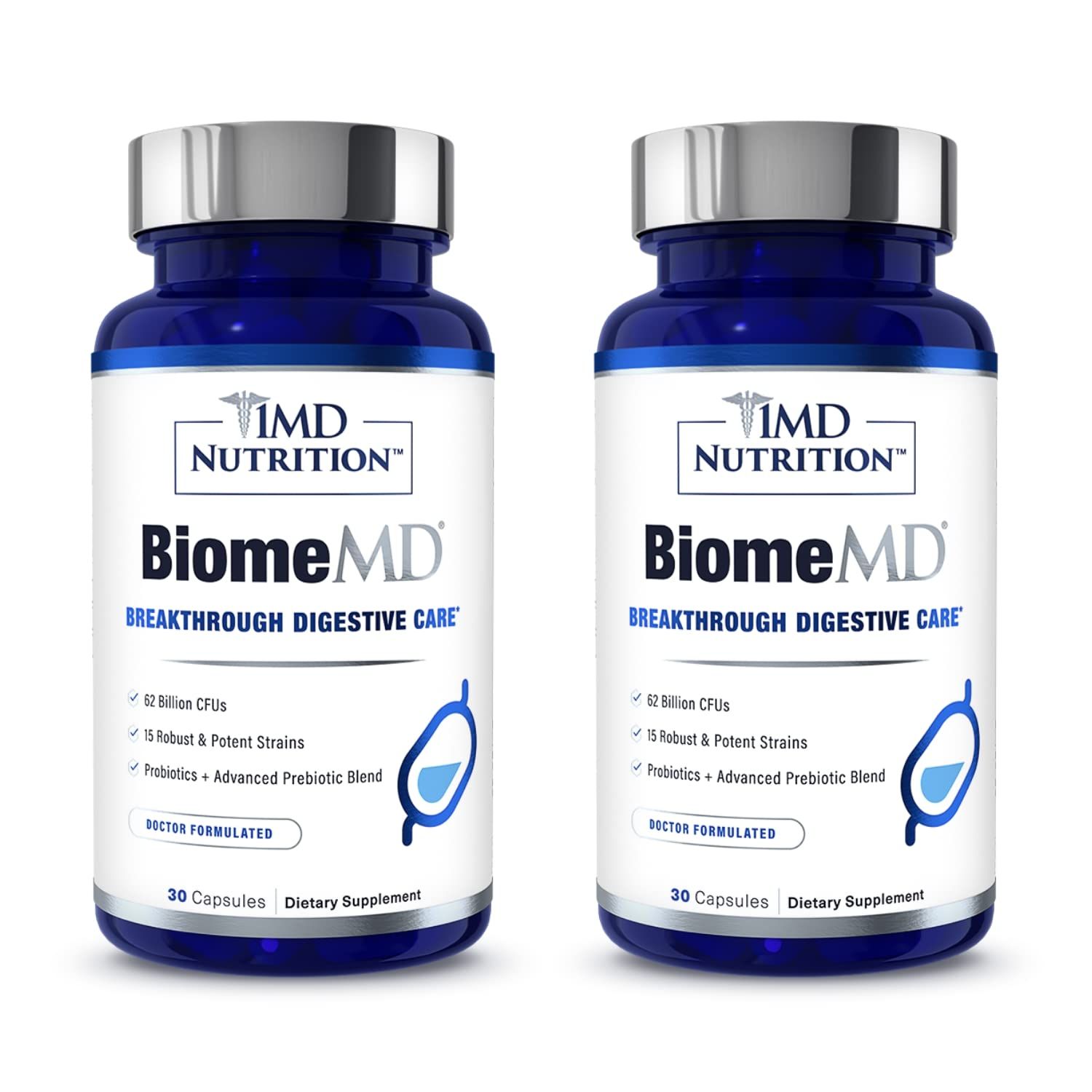 1MD Nutrition BiomeMD Probiotics 62 Billion CFUs, 15 Comprehensive Strains - Pro Prebiotics Doctor-Formulated for Digestive Health Immune Support 60 Capsules