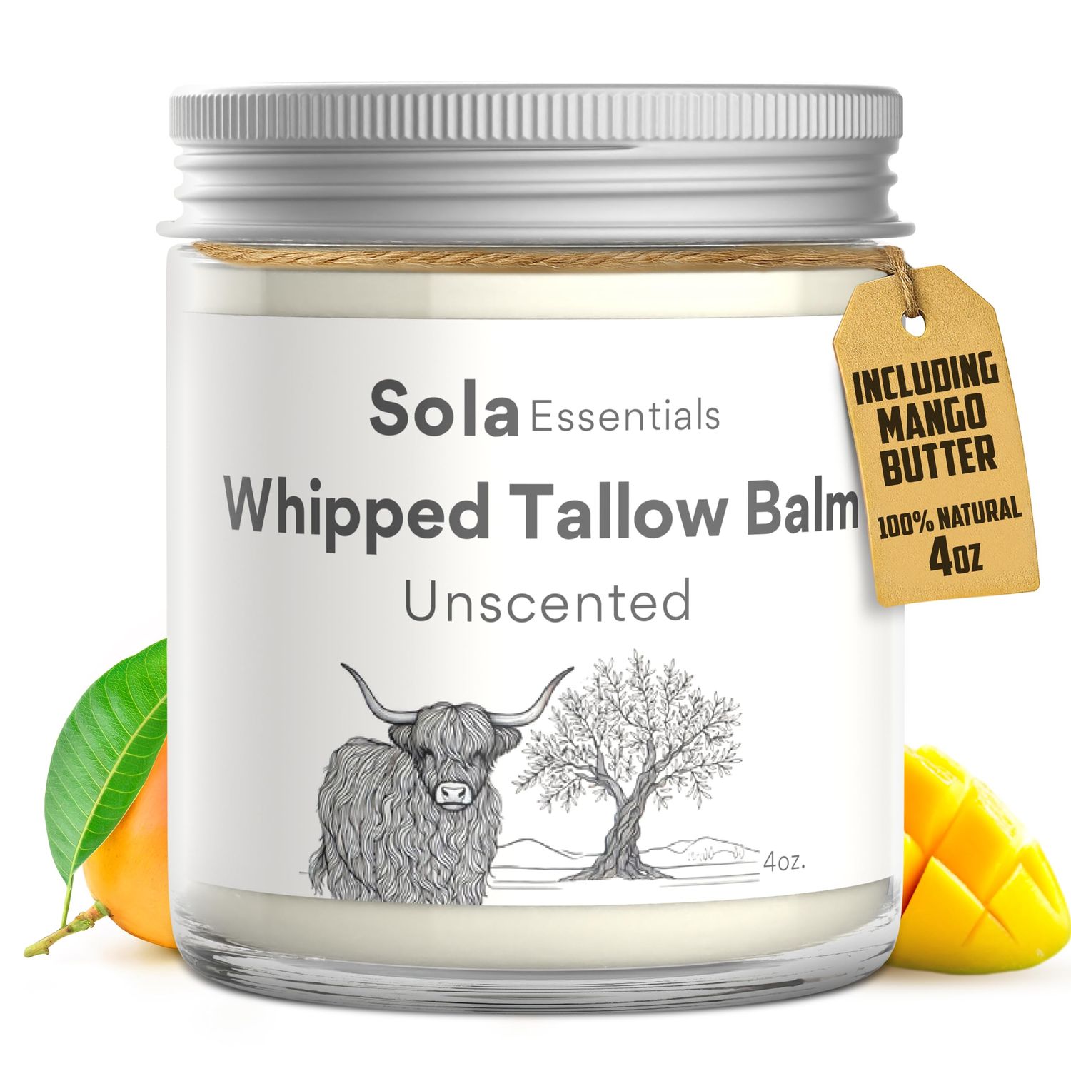 Grass Fed Whipped Beef Tallow for Skin - Whipped Tallow Balm with Mango Butter and Olive Oil - Natural Moisturizer, Suitable for all Skin Types, Smooth Texture, 4 oz Jar, Made in USA (4oz, Unscented)