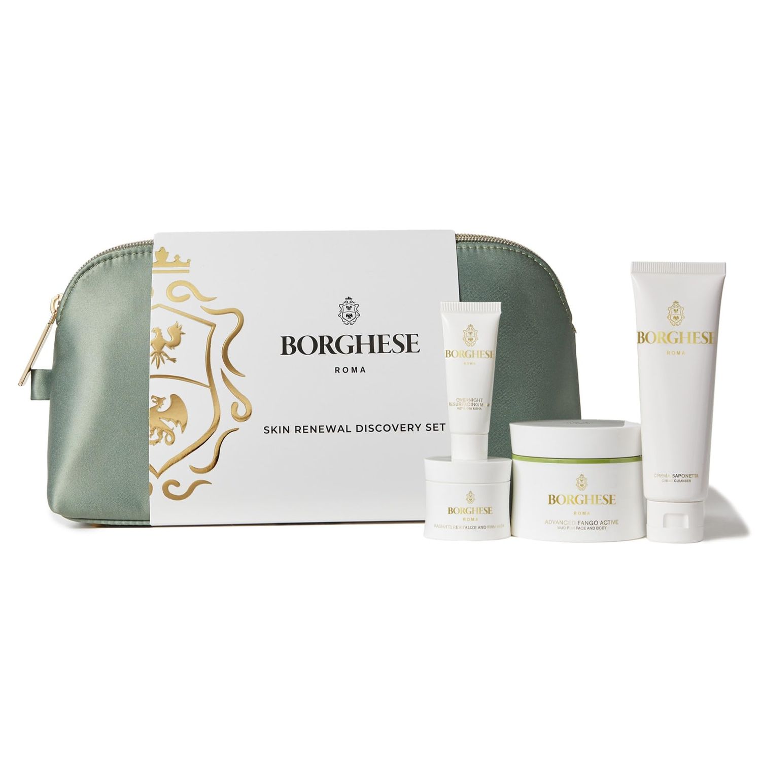 Borghese Skin Renewal Discovery Set - Includes Cream Cleanser, Pre-Mask Booster Serum, Mud Mask for Face Body, Firming Mask AHA BHA Overnight Mask