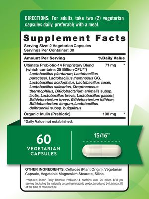 Nature's Truth Probiotics for Men and Women 25 Billion CFU 60 Capsules 14 Strains Non-GMO Gluten Free Digestive Health Supplement