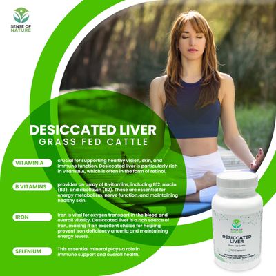Sense of Nature - Desiccated Beef Liver Capsules Grass Fed Supplement -Natural Source of Protein, Iron, Vitamins A B- Boosts Energy and Immunity - No Chemicals No Dairy and Hormone Free