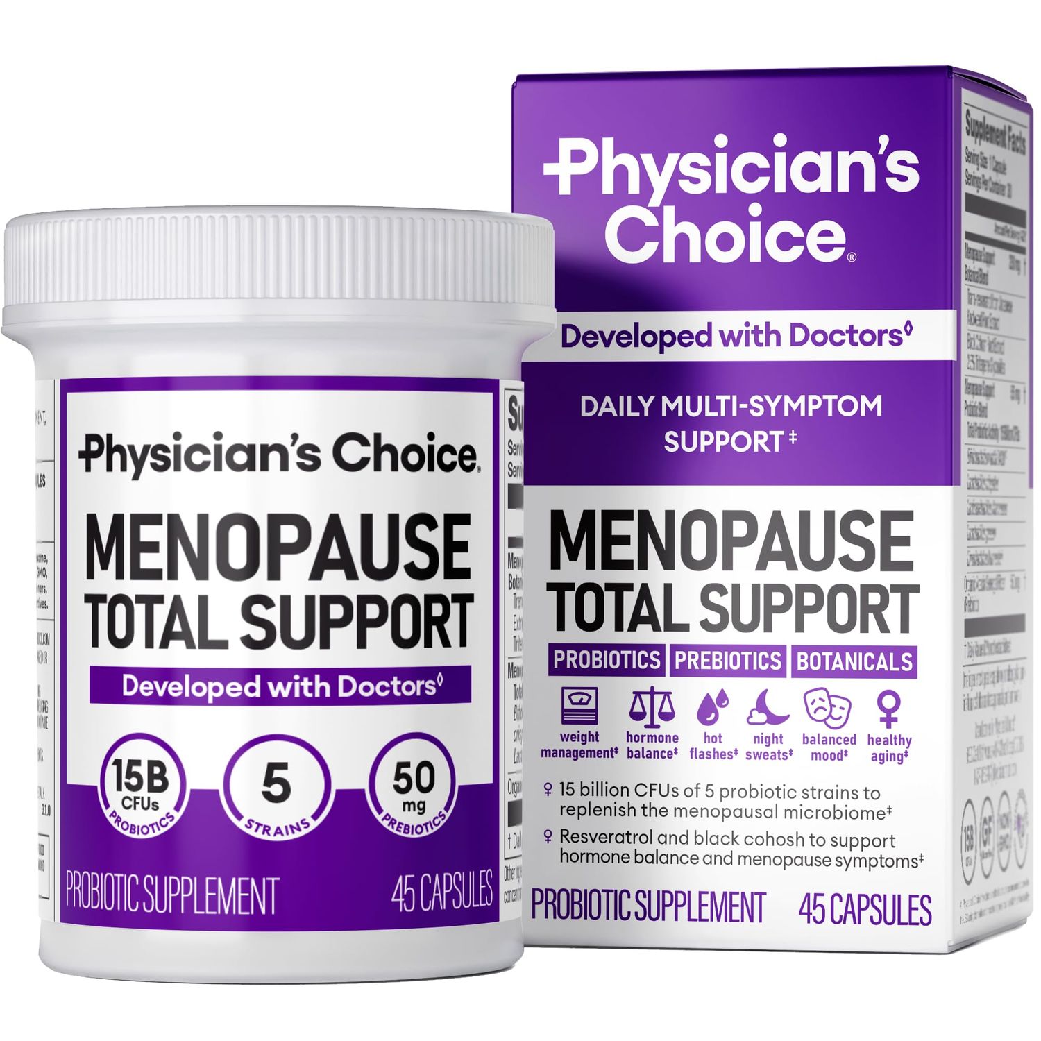 Physician&#39;s CHOICE Menopause Probiotic Supplement for Women - Supports Hormone Balance, Hot Flashes, Night Sweats, Weight Management, Bloating Gut Health - with Black Cohosh, Resveratrol - 45ct