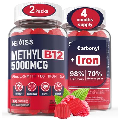 Iron 18mg B12 Vitamins 5000 mcg Gummies for Adults Women Men - wUltra Strength Active Methyl B-12, L-MethylFolate B6 (P5P) - Carbonyl Iron Supplement Gummy for Energy, Immune Focus,120Cts