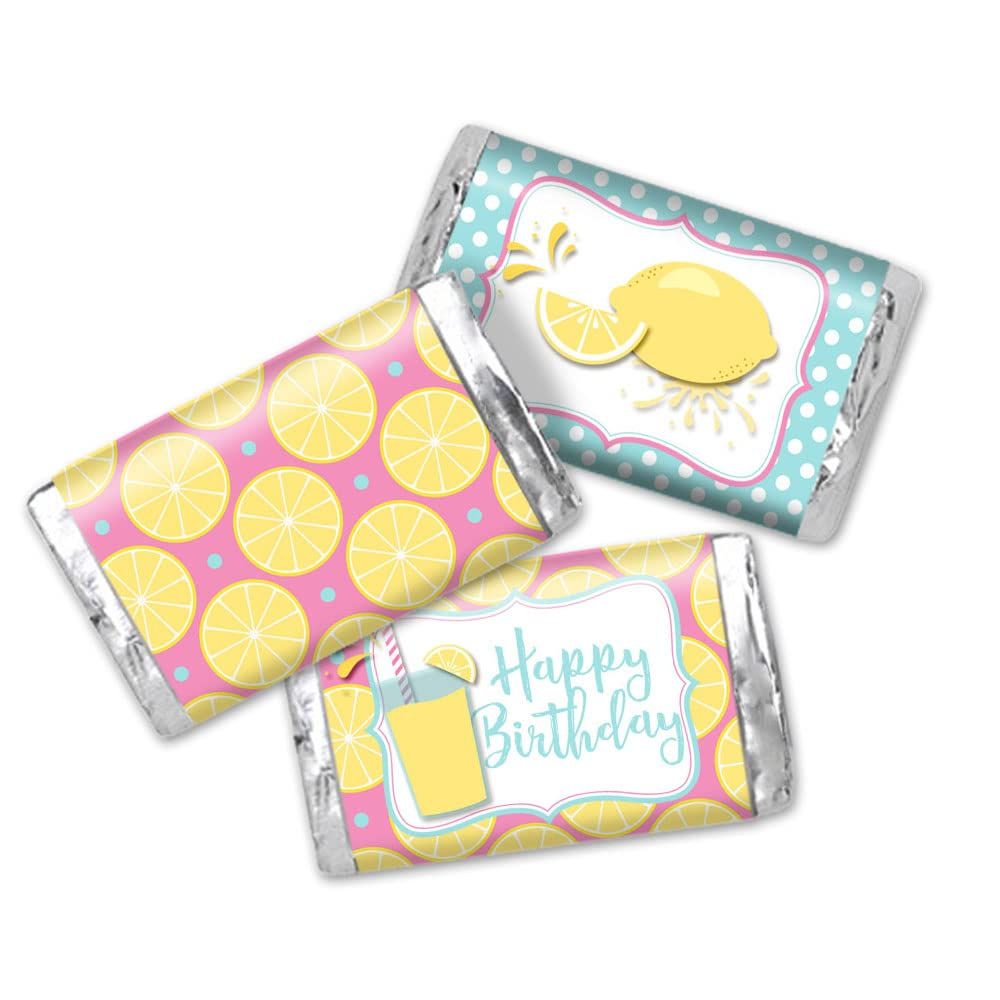 Lemon Sweetie Birthday Mini Chocolate Candy Bar Sticker Wrappers for Kids, 45 1.4&quot; x 2.6&quot; Wrap Around Labels by AmandaCreation, Great for Party Favors