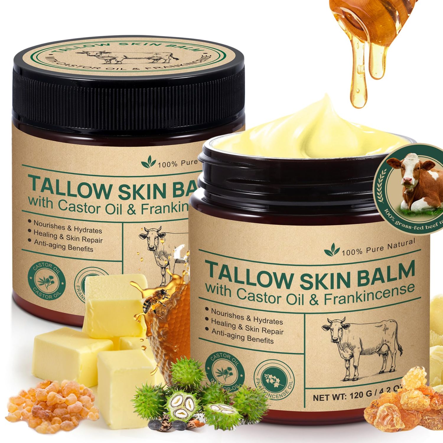 BUBGQWKR Tallow Castor Oil Frankincense Oil Handmade Skin Balm, Face Body Moisturizer for Sensitive Skin, Eczema All-Purpose Balm, 100 Grass-Fed Tallow for Skin Care