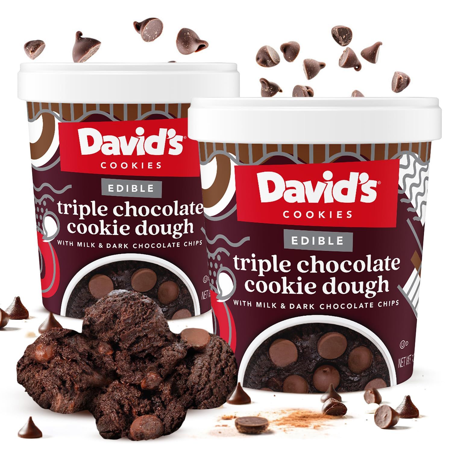 David s Cookies Triple Chocolate Edible Cookie Dough - 2 Tubs (12oz Each) - Safe-to-Eat, Eggless Recipe with Heat-Treated Flour - wHERSHEY S Mini Kisses Chocolate Chips, Ready-to-Eat Dessert Treat