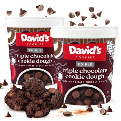 David s Cookies Triple Chocolate Edible Cookie Dough - 2 Tubs (12oz Each) - Safe-to-Eat, Eggless Recipe with Heat-Treated Flour - wHERSHEY S Mini Kisses Chocolate Chips, Ready-to-Eat Dessert Treat
