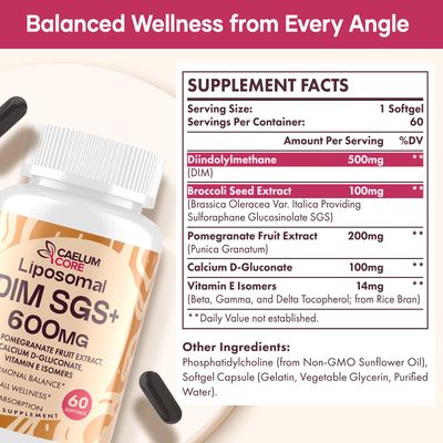 Liposomal DIM SGS Supplement - Hormone Supplement for Women Men, Estrogen Supplements Contains Sulforaphane Glucosinolate, Vitamin E, Pomegranate Fruit - Support Detox and Antioxidant (1 Pack)