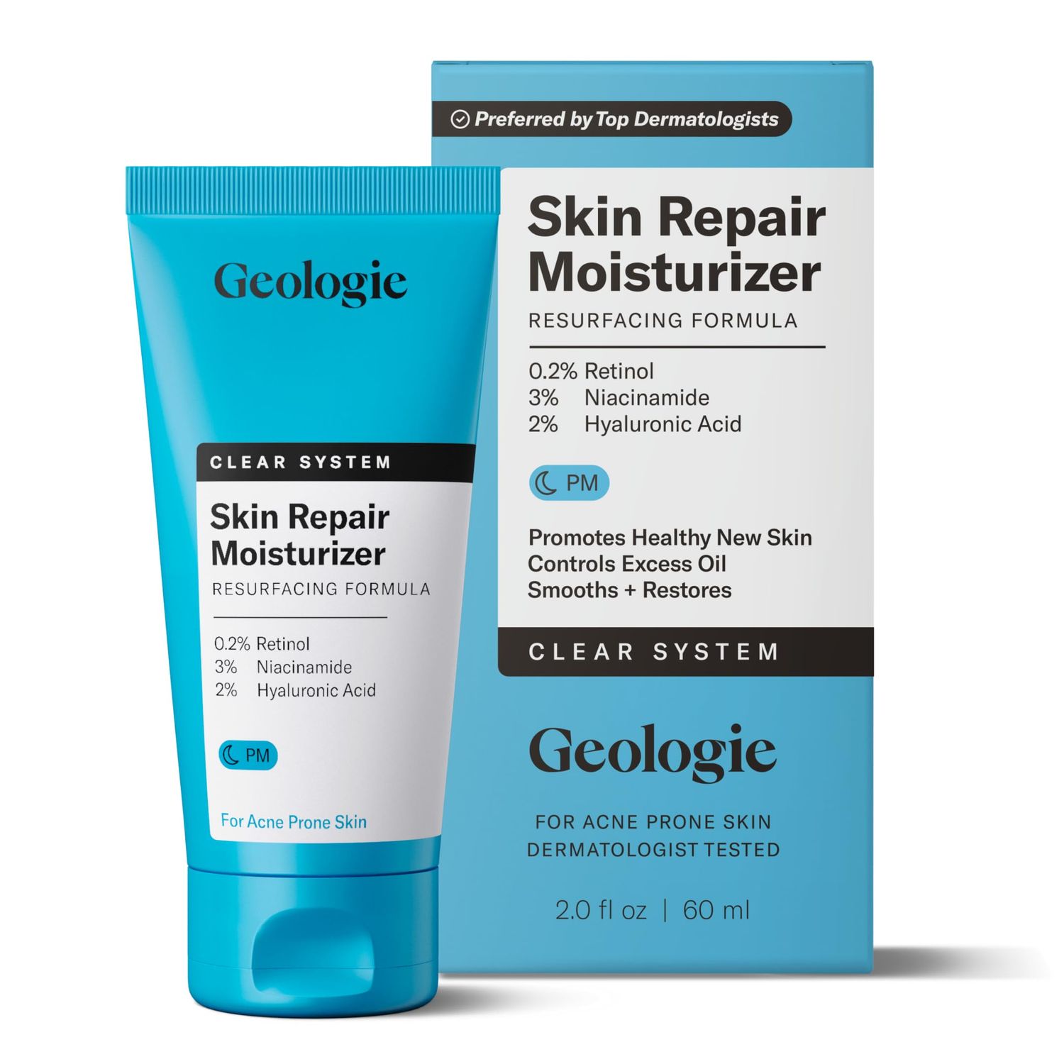 Geologie Skin Repair Moisturizer Face Cream Clear System Retinol Resurfacing Formula For Blemish Prone Skin with Niacinamide Hyaluronic Acid 60 ML