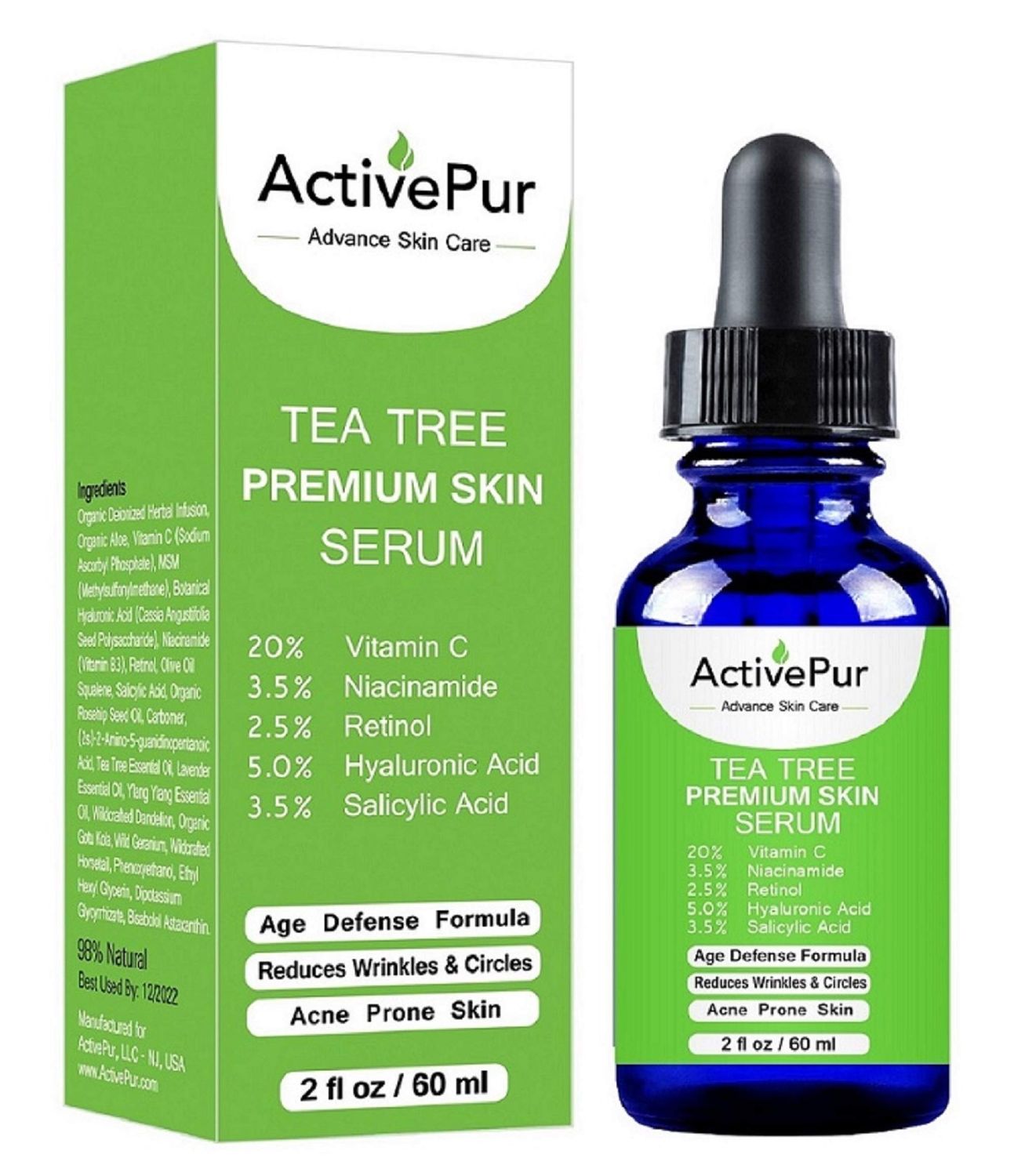 Premium TEA TREE SERUM (Big Size 2 Oz60 ml) Oil for Acne, 20 Vitamin C B3 MSM Hyaluronic Acid Retinol Salicylic Acid Niacinamide Acne Scar Treatment Anti Aging Wrinkle Dark Spots Blemishes Pimple