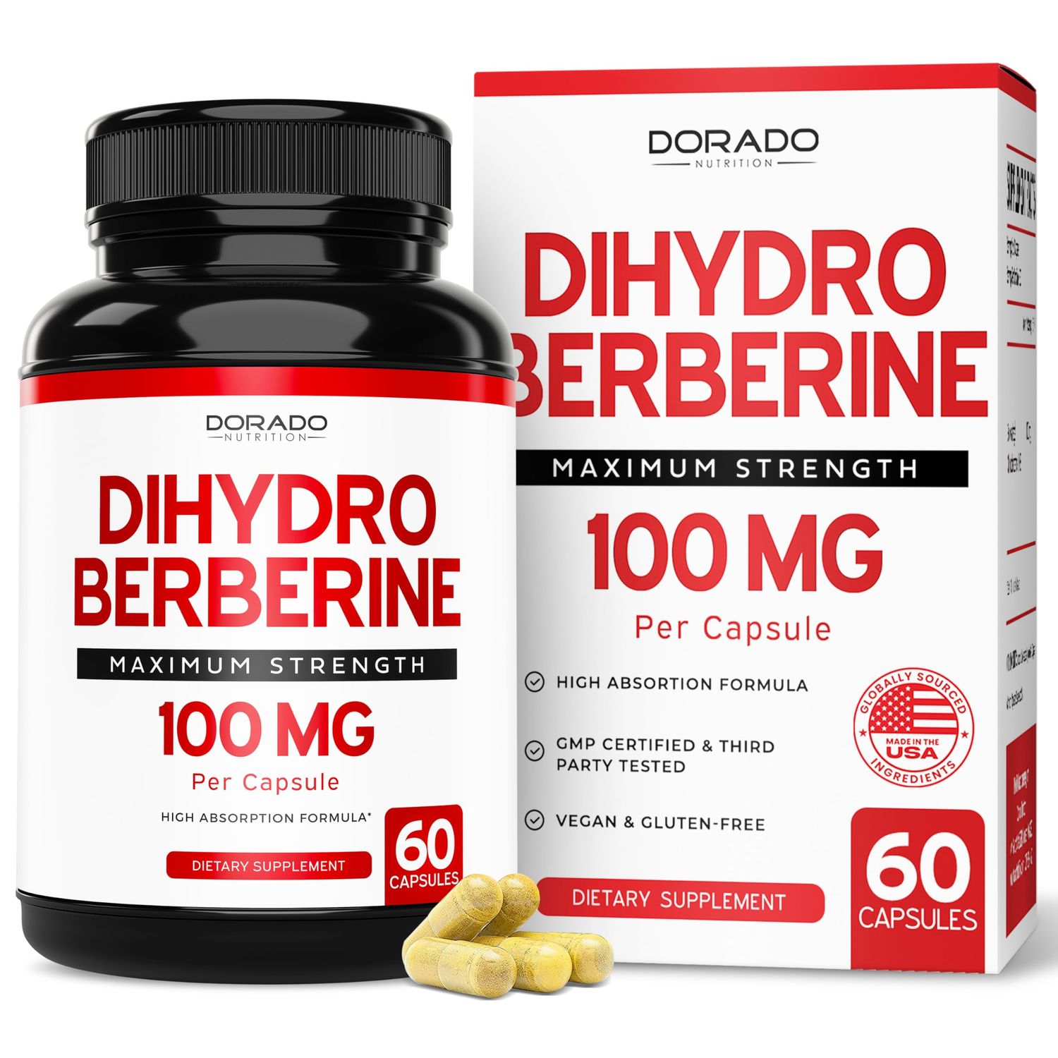 Dihydroberberine Supplement 100mg, 60 Capsules (Patented GlucoVantage Super Berberine with 5X More Effective Than Berberine with Less Side Effects) - Third Party Tested, Vegan USA Made