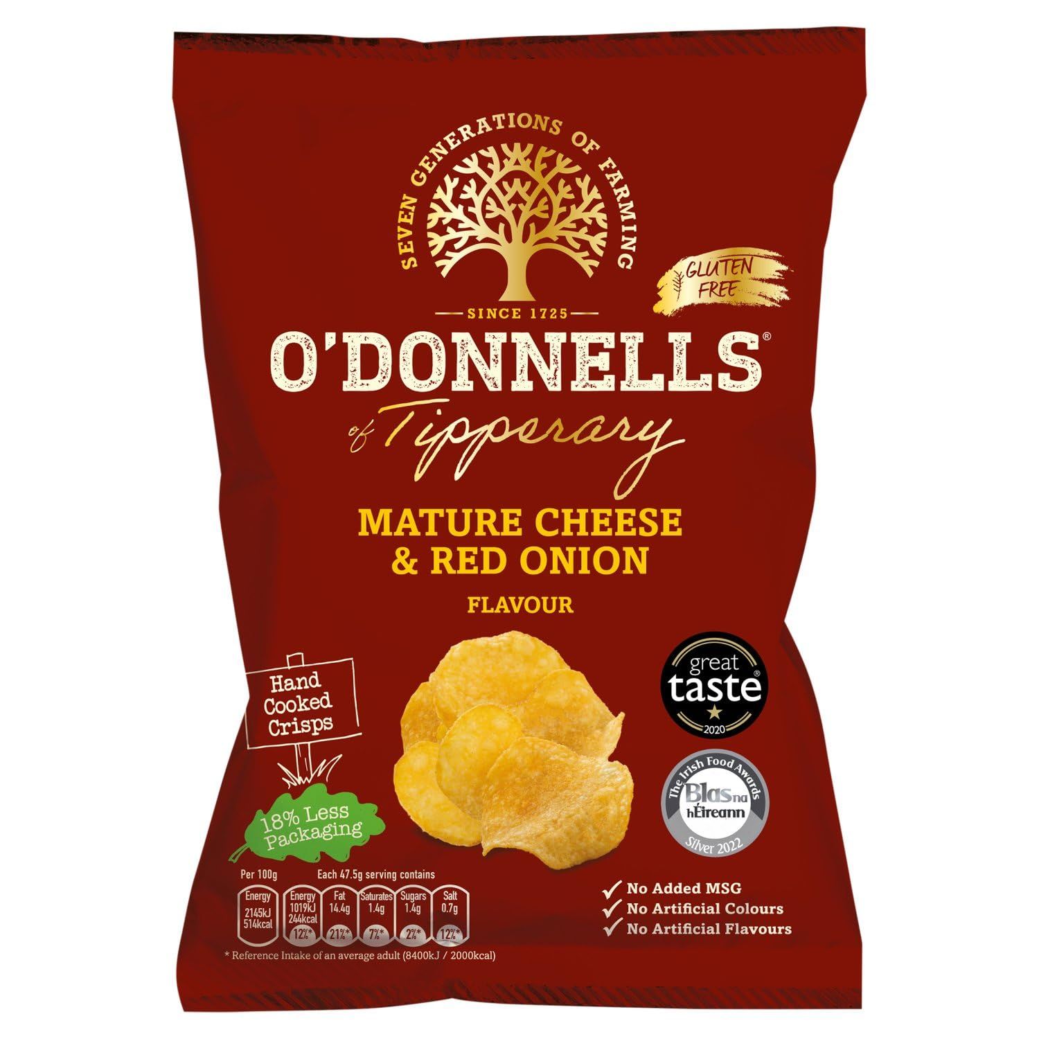 O&#39; Donnells of Tipperary Handcooked Mature Irish Cheese and Red Onion Flavour Crisps (7 x 47.5g packs)