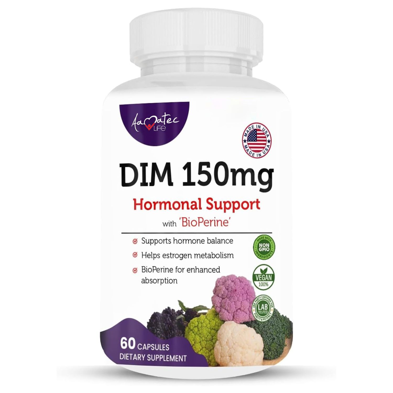 Aamatec Life Women s DIM Complex 150mg - Bioperine Estrogen Balancing Pills for Menopause Hot Flashes Relief Support Hormonal Acne Powerful Supplement - 60 Capsules - Made in USA