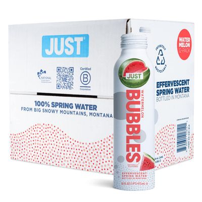 JUST Bubbles Watermelon - Pure Premium Sparkling Spring Water in a Fully Recyclable Reusable Eco-Friendly Bottle - 100 Mountain-Sourced Carbonated Water with Naturally Occurring Minerals, 16 Fl Oz