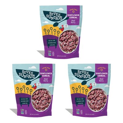 Seven Sundays Sunflower Cereal, Real Berry, 8 Oz Bag (Pack of 3), Grain Gluten Free, 5g Upcycled Protein, 0g Refined Sugar, Crunchy Fruity Snack