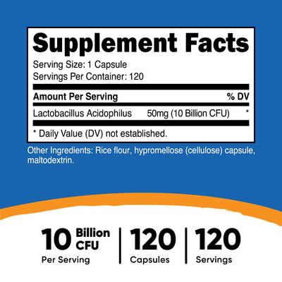 Nutricost Lactobacillus Acidophilus 10 Billion CFU, 120 Vegetarian Capsules
