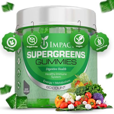 IMPACT Supergreens Veggies Gummies - Vegetarian Fiber Gummies for Adults Kids - Daily Green Superfoods with Essential Vitamins Support Immunity Gut Health - 4g of Fiber per Two Gummy (60 Count)