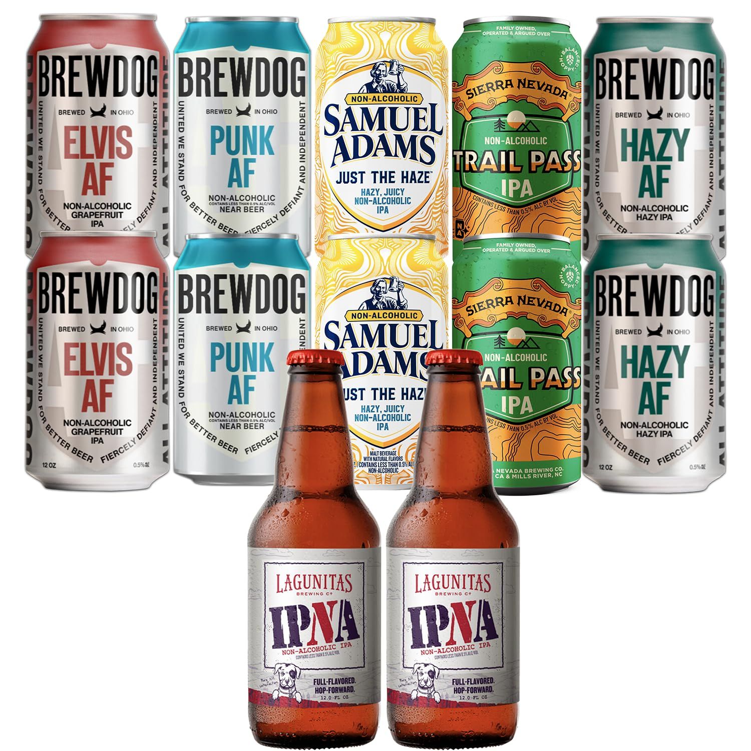 Ultimate Non-Alcoholic IPA Beer Sampler 12 Pack - Includes Brewdog, Sam Adams, Sierra Nevada, and Lagunitas - Premium Alcohol-Free IPAs for Every Taste