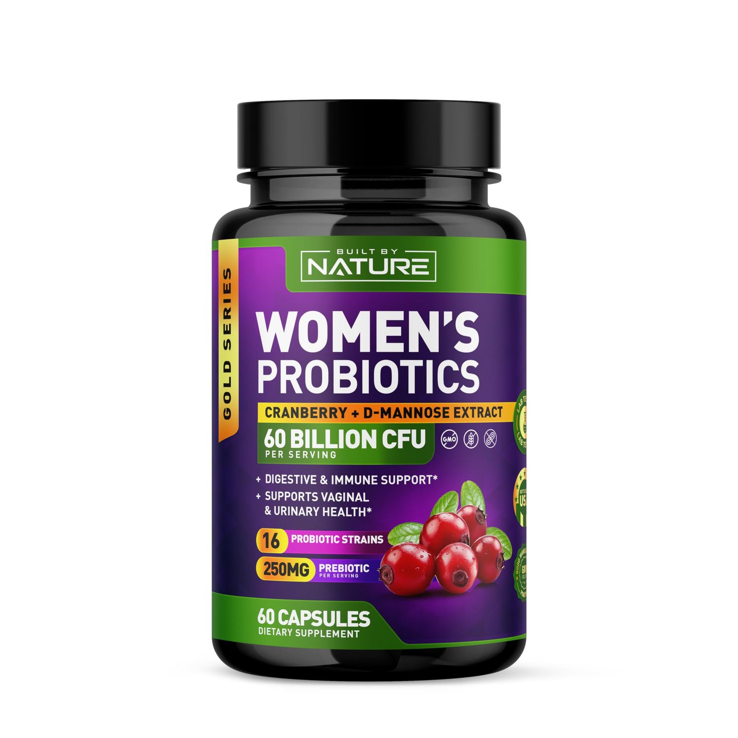 Probiotics for Women - 60 Billion CFUs, 16 Strains, with Cranberry, D-Mannose Prebiotics - Supports Digestive, Immune, Vaginal Health - Non-GMO, Dairy Gluten-Free - 60 Veggie Capsules