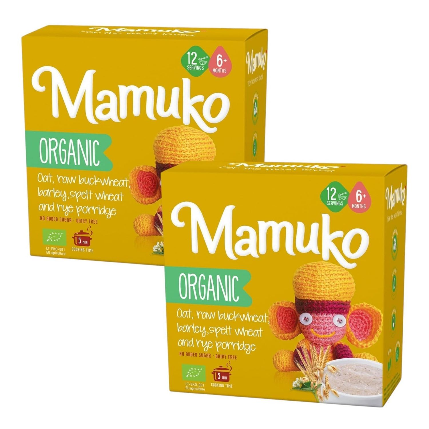MAMUKO Organic Porridge - Multi Grain Porridge Blend of Oats, Bright Buckwheat, Barley, Spelt, Rye Grits - High Fiber Porridge with No Added Sugar, Milk Preservatives - 2 Pack (12 Servings)