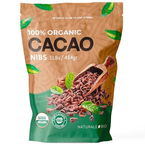 NaturaleBio Organic Raw Cacao Nibs 1 lb. Natural and Pure. Made in Tropical Regions from The Theobroma Cacao Plant. Source of Magnesium, Potassium, and Iron. Sugar-Free Chocolate Chips Substitute.