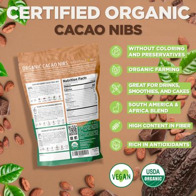 NaturaleBio Organic Raw Cacao Nibs 1 lb. Natural and Pure. Made in Tropical Regions from The Theobroma Cacao Plant. Source of Magnesium, Potassium, and Iron. Sugar-Free Chocolate Chips Substitute.