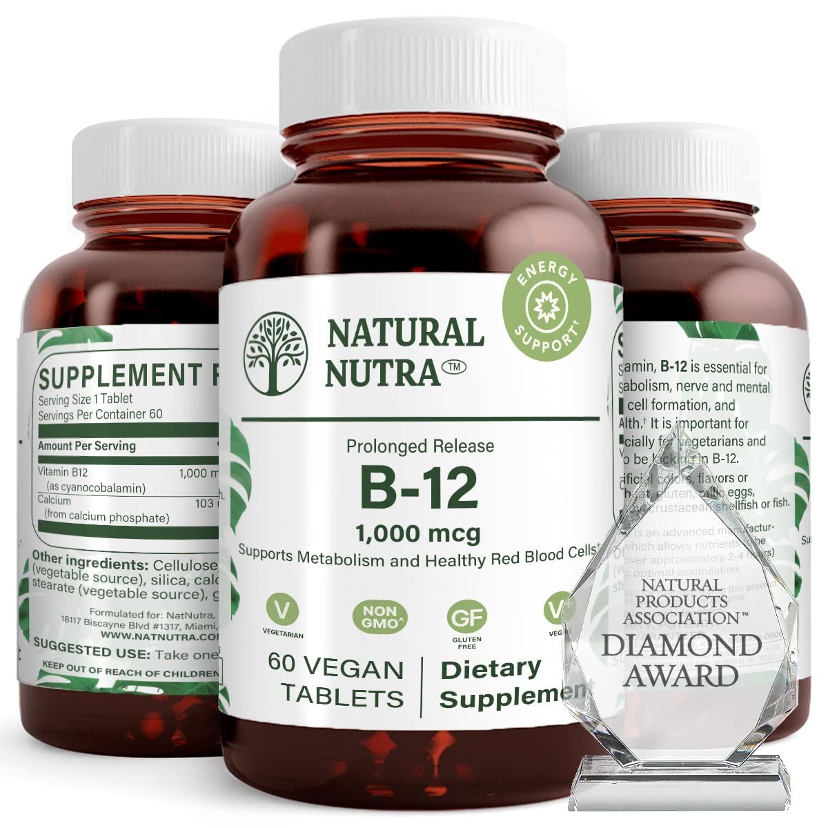 Natural Nutra Vitamin B12 1000 mcg, Cobalamin B 12 Supplement, Calcium Phosphate, Help in Metabolism Health, Supports Nervous System, Optimal Absorption, Gluten Free, Sugar Free, 60 Vegan Tablets