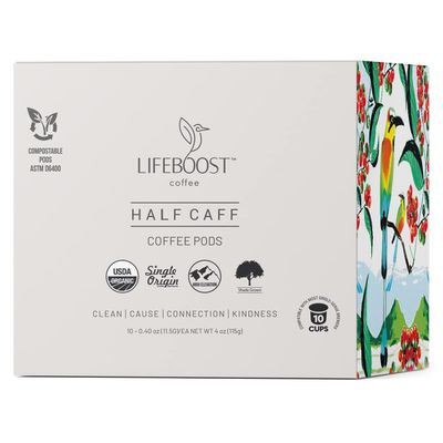 Lifeboost Half Caff Coffee K Cups - Low Acid Half Caff Coffee Pods - Single Origin Non-GMO Mold Free Pods Compatible with Keurig Keurig 2 - No Mycotoxins or Pesticides - 10 Count